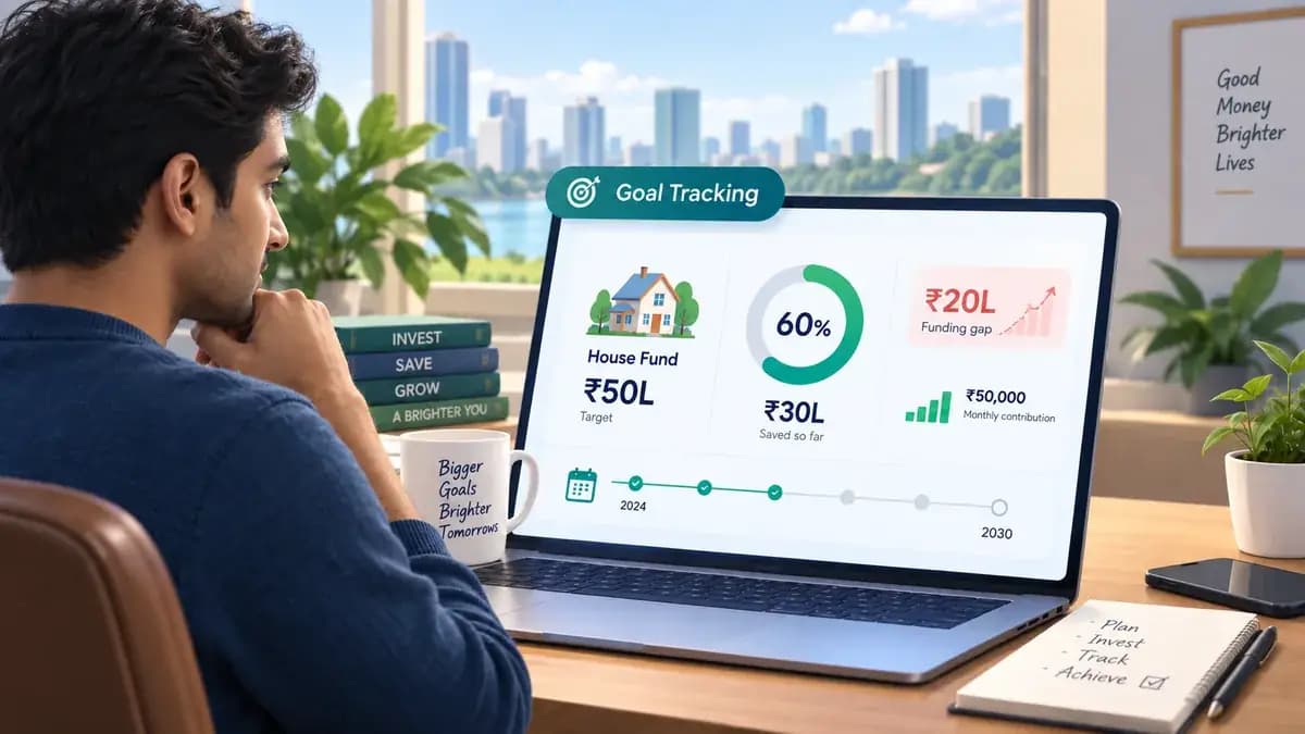 Man reviewing a financial goal tracking dashboard showing target amount, savings progress, monthly contribution and funding gap.