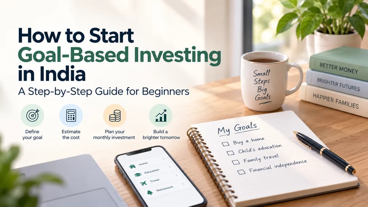 Indian investor planning a financial goal by estimating the target amount, timeline and monthly investment, representing goal-based investing in India.