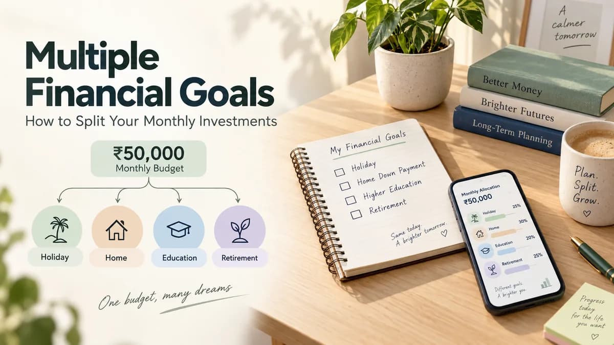 Financial planning illustration showing multiple goals such as a holiday, home down payment, higher education and retirement sharing one monthly investment budget.