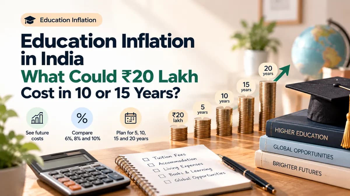 Education inflation in India showing ₹20 lakh growing over 5, 10, 15 and 20 years with rising education costs.