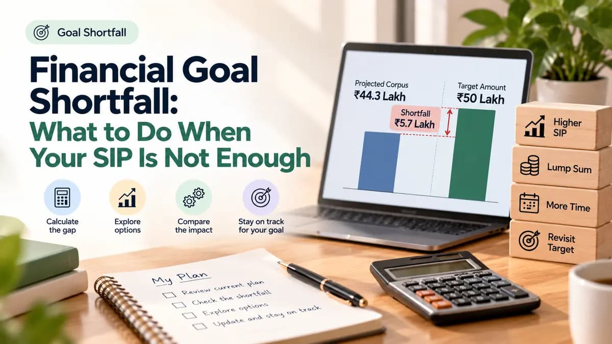 Financial goal shortfall showing a ₹44.3 lakh projected corpus against a ₹50 lakh target, with options to increase SIP, add a lump sum, extend the timeline or revise the target.