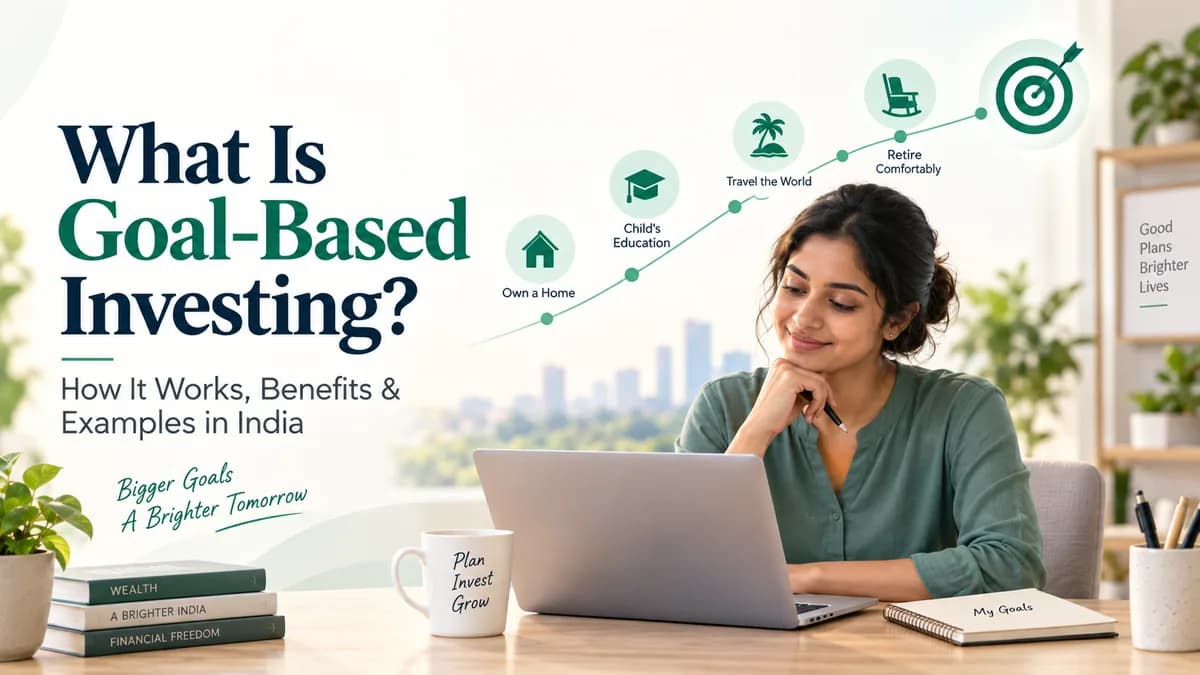 Indian woman planning financial goals on a laptop with icons for home, education, travel and retirement, representing goal-based investing in India.