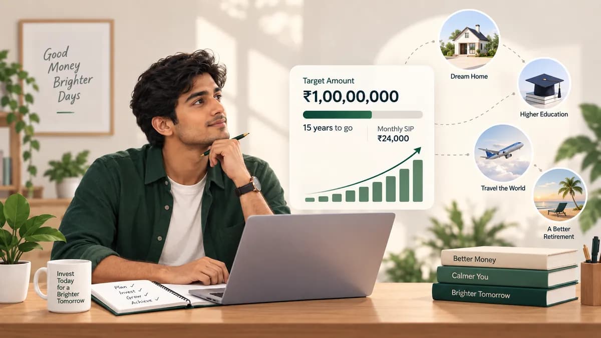 Indian investor planning a goal-based SIP with target amount, monthly investment and goals such as home, education, travel and retirement.