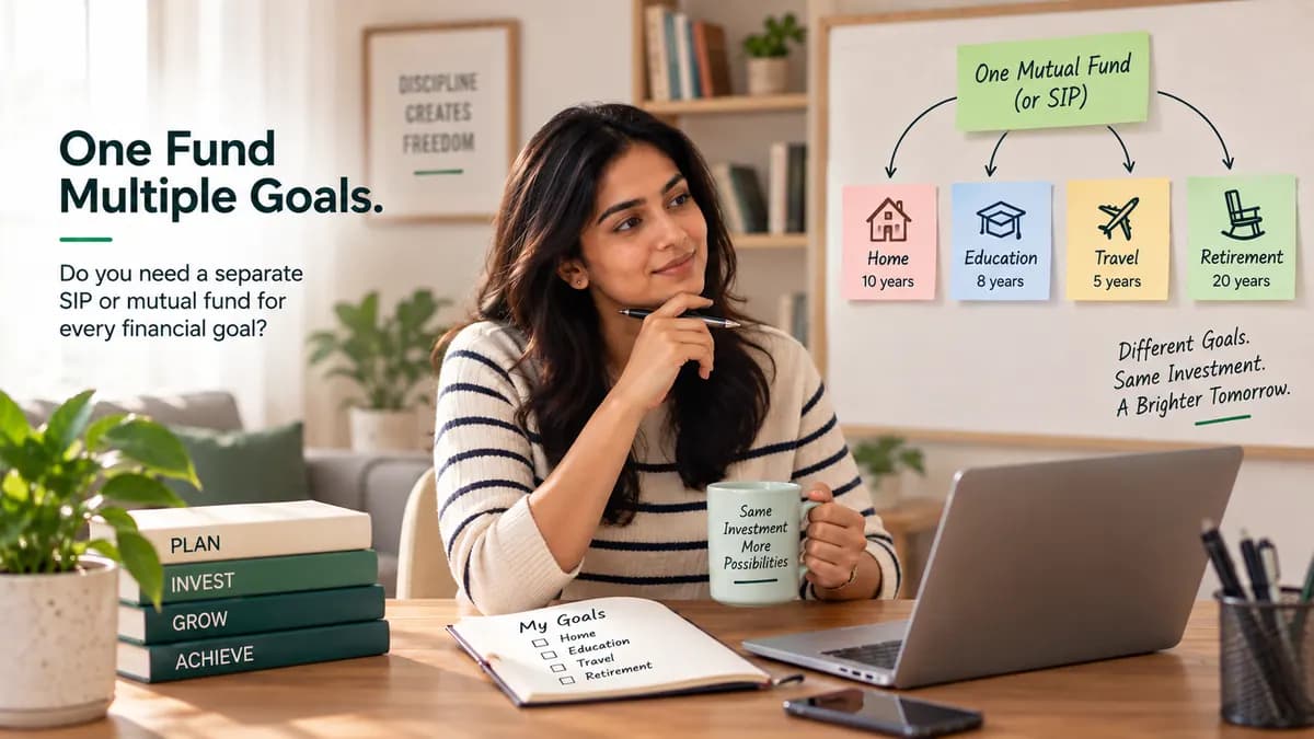 Indian investor planning multiple financial goals using one mutual fund or SIP for home, education, travel and retirement.